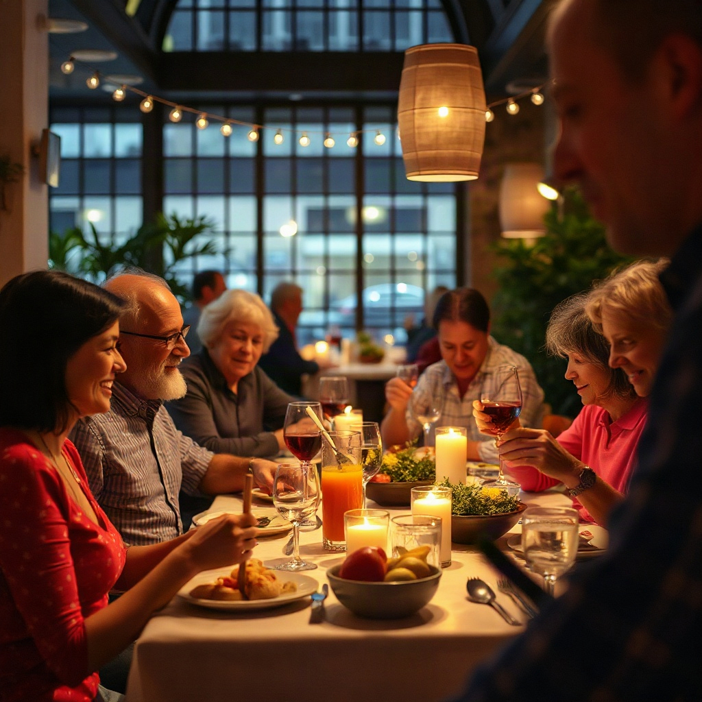 Family reunion dinner scene in a warm lit restaurant