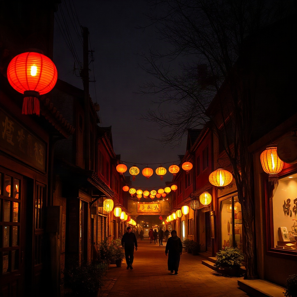 Lantern lit ancient street at night in Chang'an